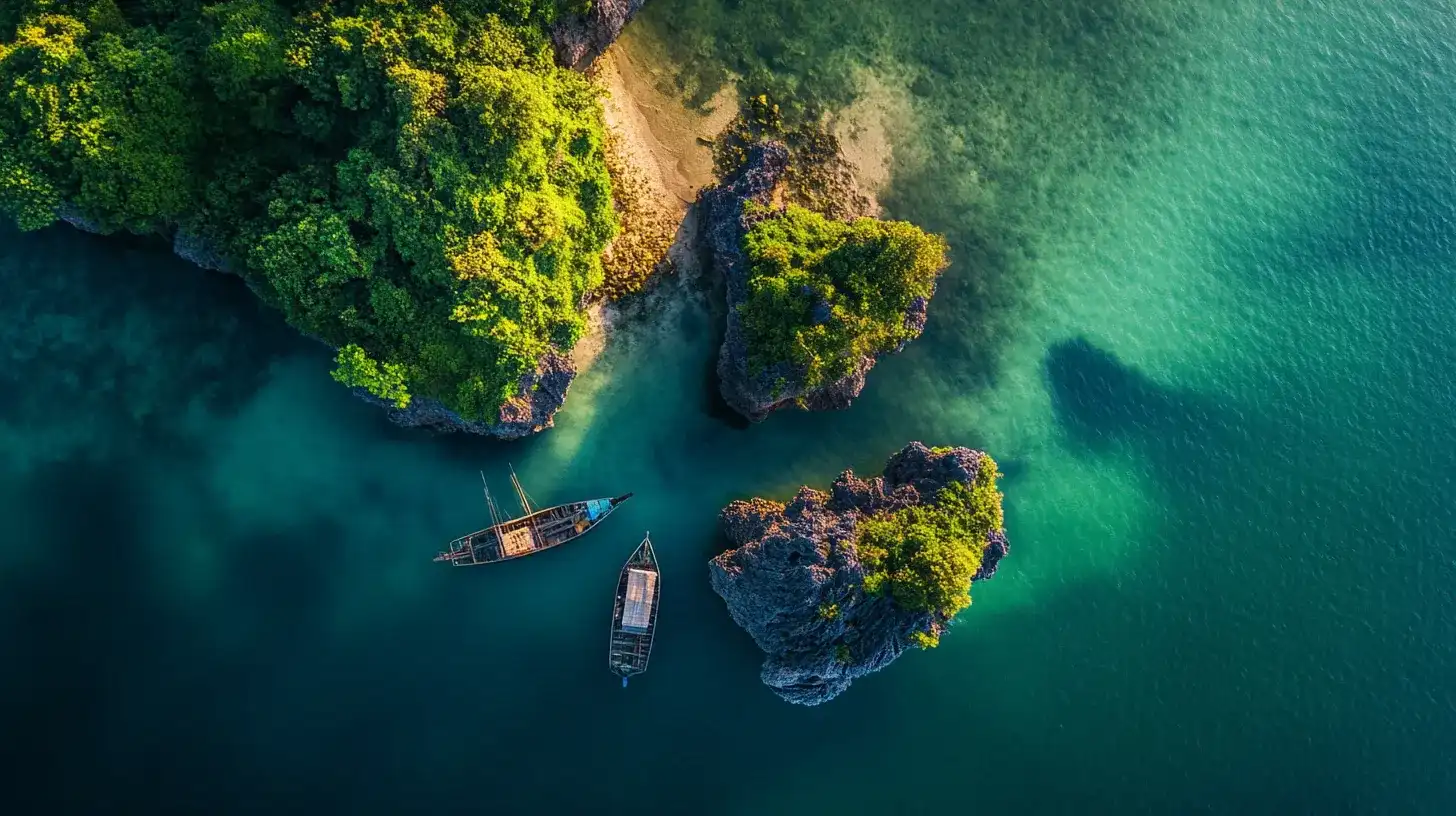 Wooden boats moored over shallow water beside limestone islets in Cenderawasih Bay