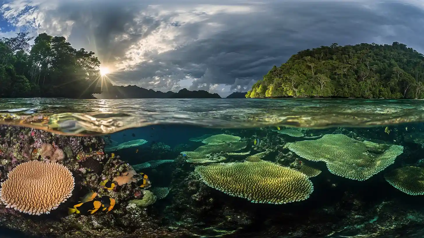 Cenderawasih Bay at first light, coral shallows below the waterline and forested shore above it