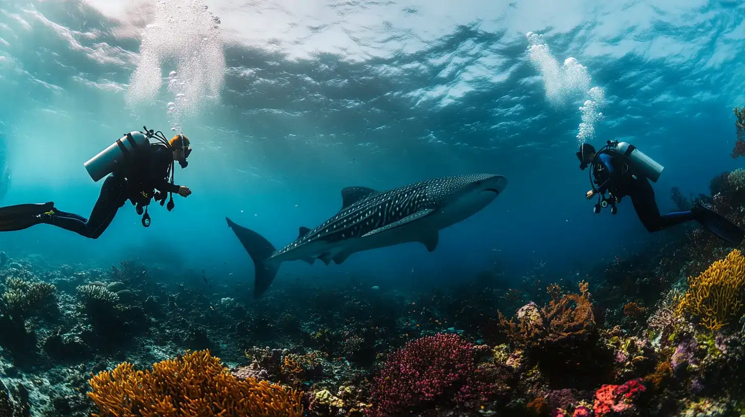 Two divers holding position over the reef as a whale shark passes between them
