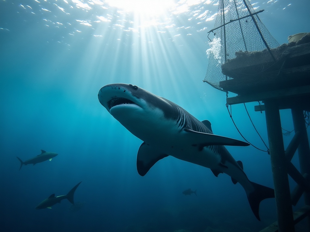 Whale shark feeding beneath a bagan platform in the clear water of Kwatisore, Cenderawasih Bay