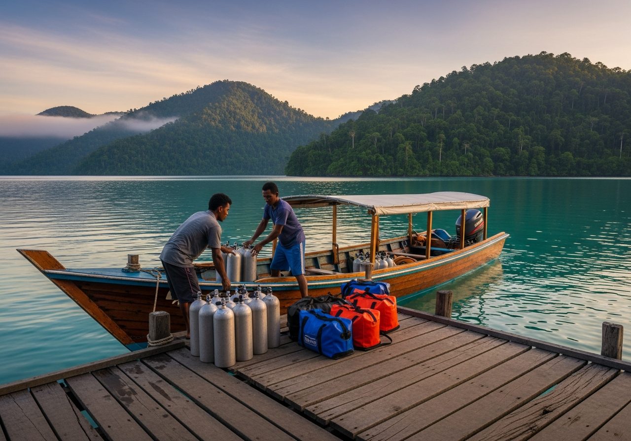 Boat loading dive gear at a Nabire jetty before the three-hour run to Kwatisore