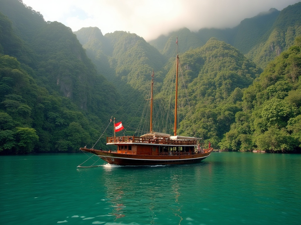 Wooden liveaboard at anchor in a calm forested bay of Cenderawasih Bay National Park