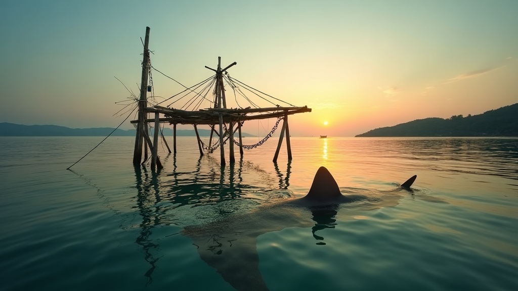 Bagan fishing platform at dawn in Cenderawasih Bay with a whale shark shadow beneath the calm surface